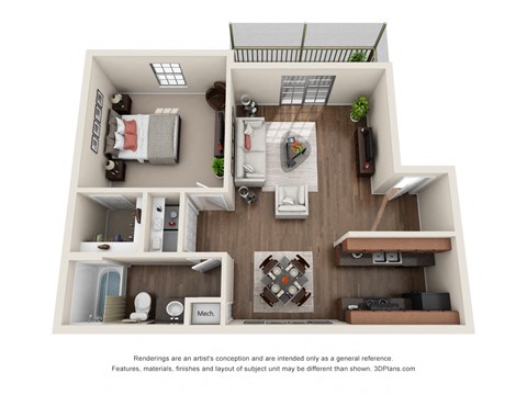 Floor plan for 1 bed, 1 bath, 733 sqft